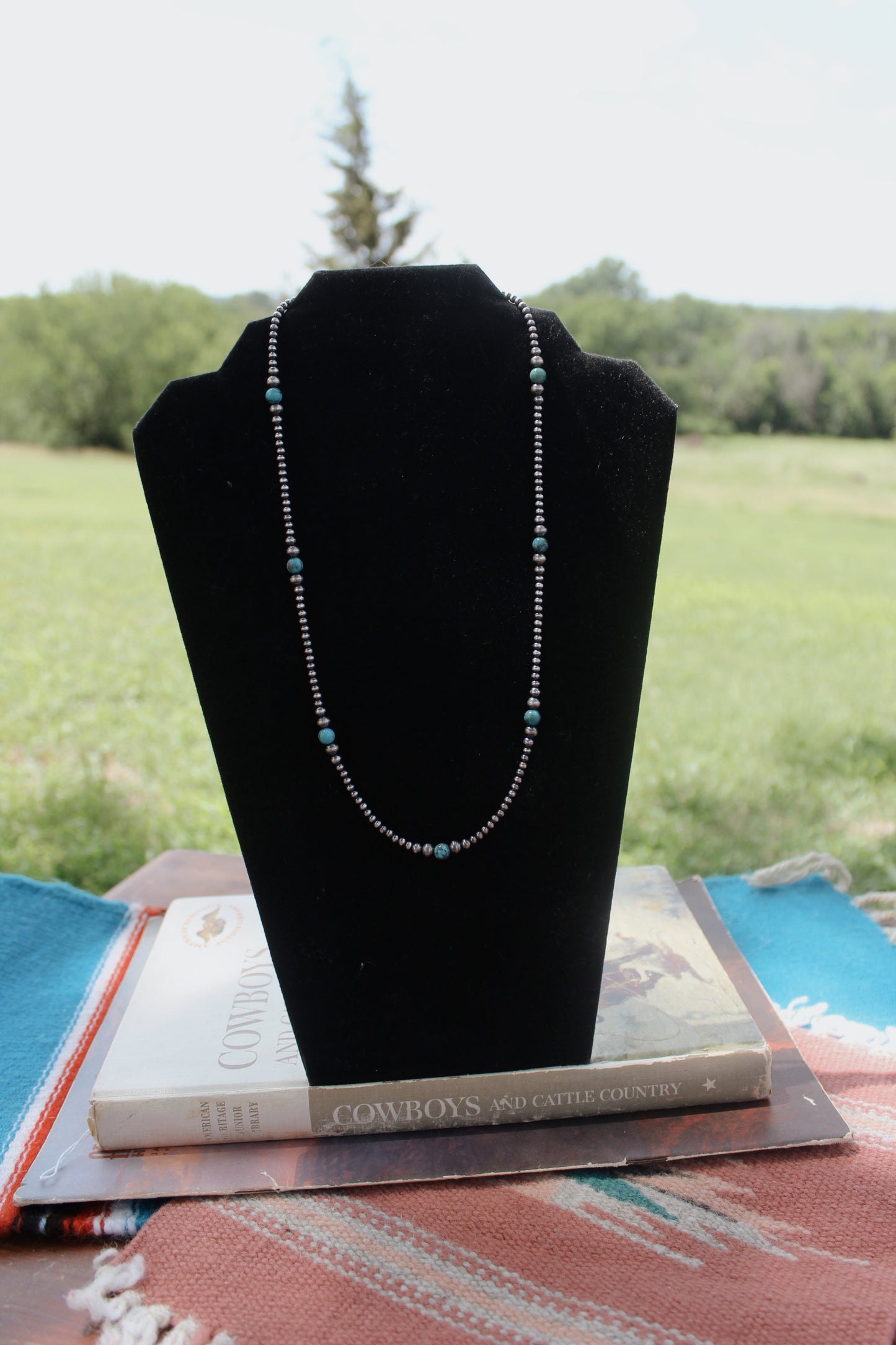 22" Graduated Sterling Silver Pearl Necklace with Turquoise